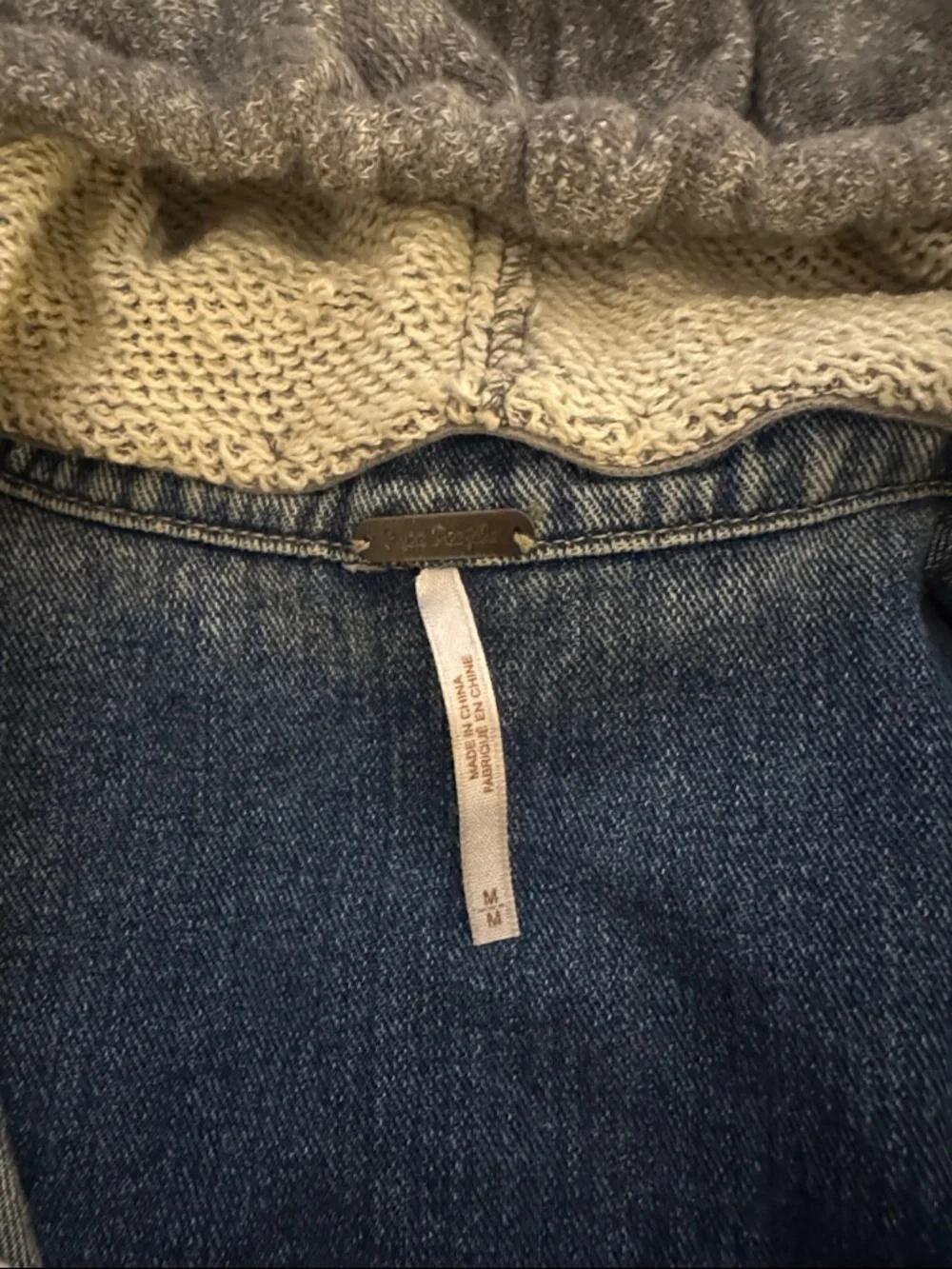 Free People Denim Jacket with Grey Knit Hoodie Sleeves and removable hood - Picture 2 of 3